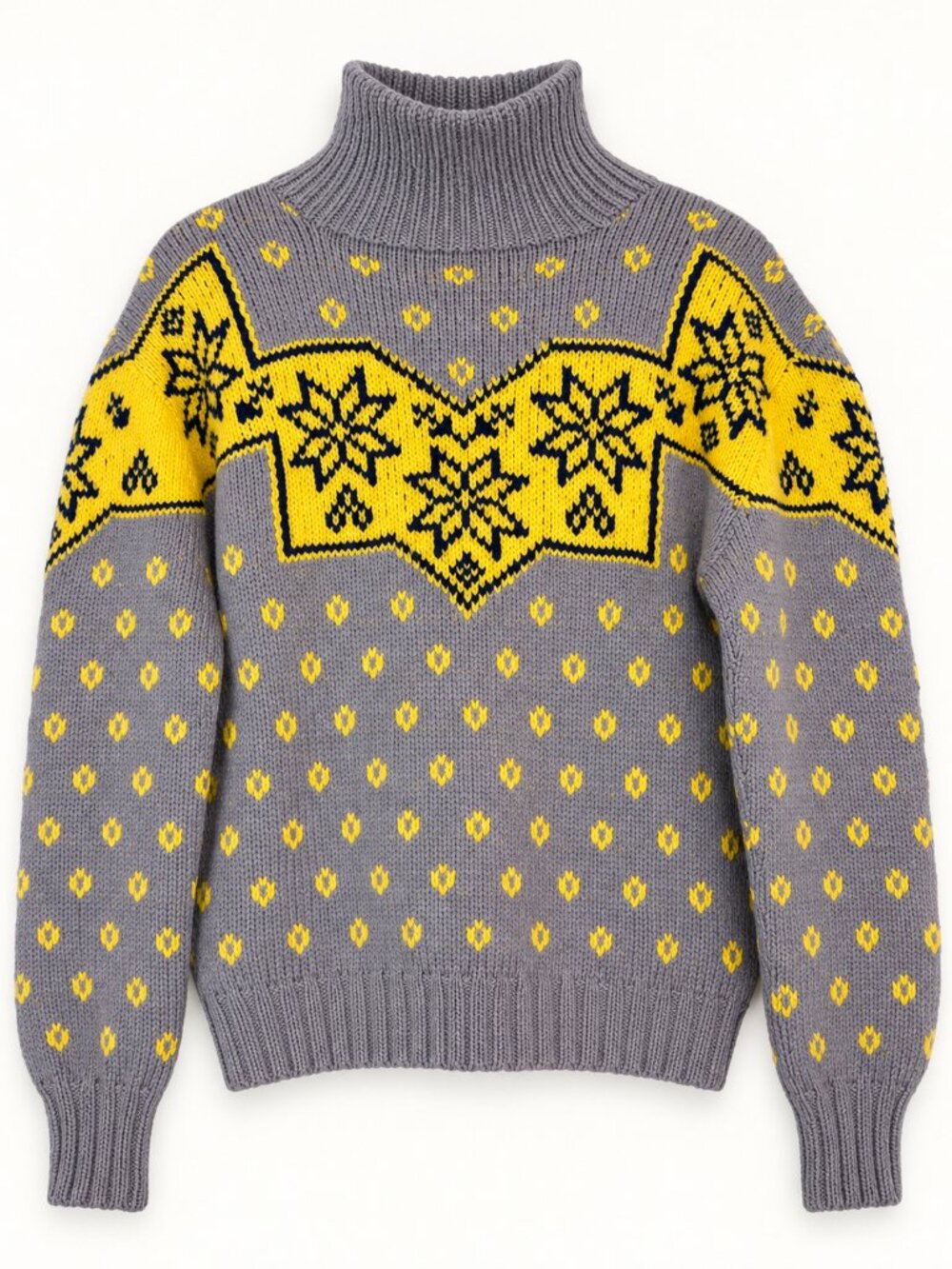 Vintage Nordic Sweater Gray Yellow Fair Isle Funnel Neck Hand Knit Retro Medium